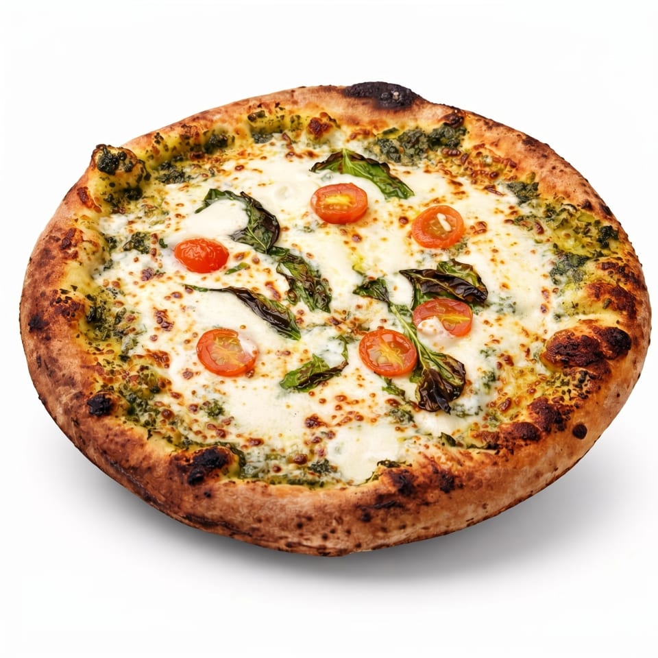 A freshly baked pesto pizza with melted mozzarella, cherry tomatoes, and basil leaves on a white background.