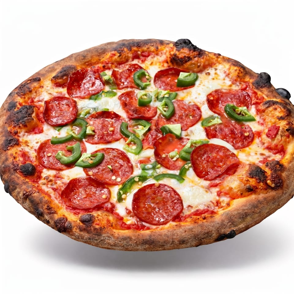 A whole pepperoni and jalapeño pizza with a charred crust on a white background.