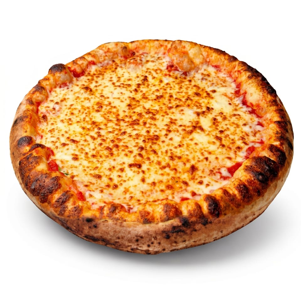 A whole cheese pizza with a crispy, bubbly crust and melted golden cheese on a white background.