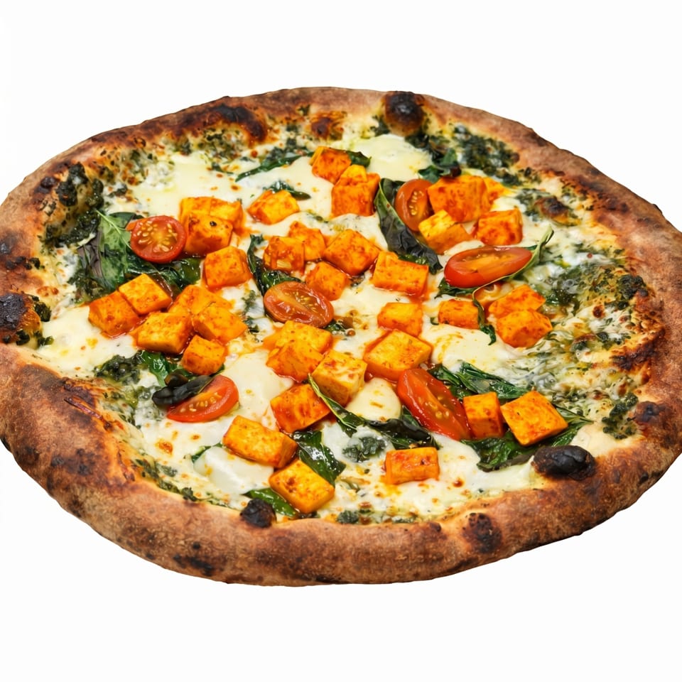 A whole pizza with pesto, mozzarella, paneer, spinach, and cherry tomatoes on a white background.