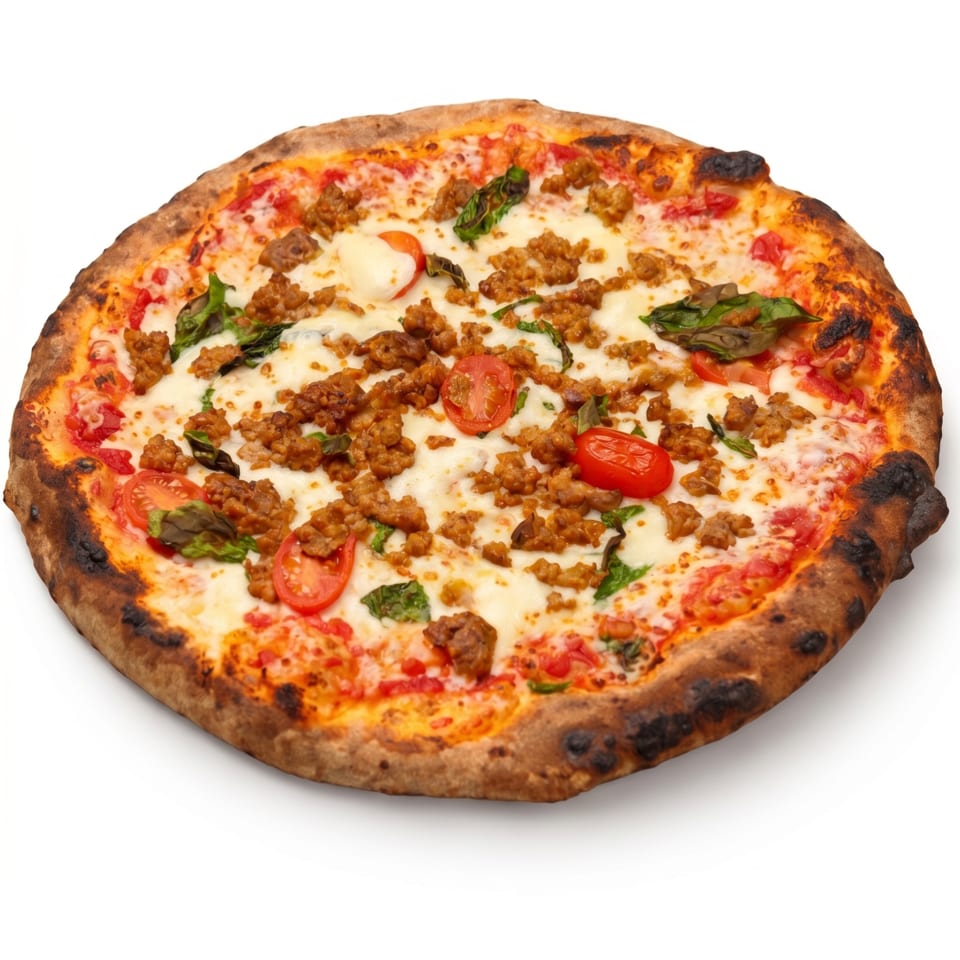 Neapolitan pizza with sausage, cherry tomatoes, mozzarella, and basil on a white background.